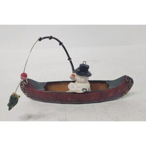 VINTAGE Christmas Tree Ornament Fishing Snowman In Metal Boat Fisherman Decor 6"